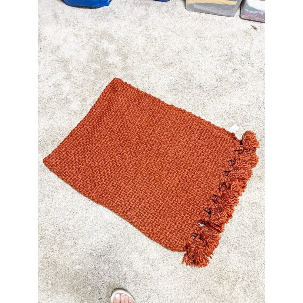 West Elm‎ Textured Woven Throw Blanket Rust Orange Fringe Tassel Boho Modern